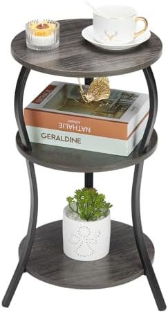 Small Round Side Table, 3-Tier Slim Waist Circular End Table with Storage Shelf, Compact Tea Sofa Side Table, Vintage Round Corner Coffee Table Nightstand for Living Room Bedroom Small Spaces,Grey