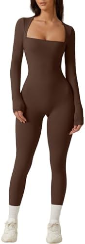 QINSEN Womens Sexy Square Neck Long Sleeve Full Length Leggings Bodycon Stretch Jumpsuit