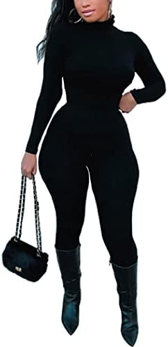 Azhong Women's Sexy Long Sleeve Turtleneck Jumpsuits Bodycon Back Zipper High Waist One Piece Casual Club Rompers