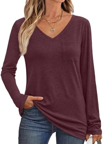 AUTOMET Womens Long Sleeve Shirts V Neck Casual Tops with Pockets Loose Dressy Basic Fall Outfits Clothes Winter Trendy 2024