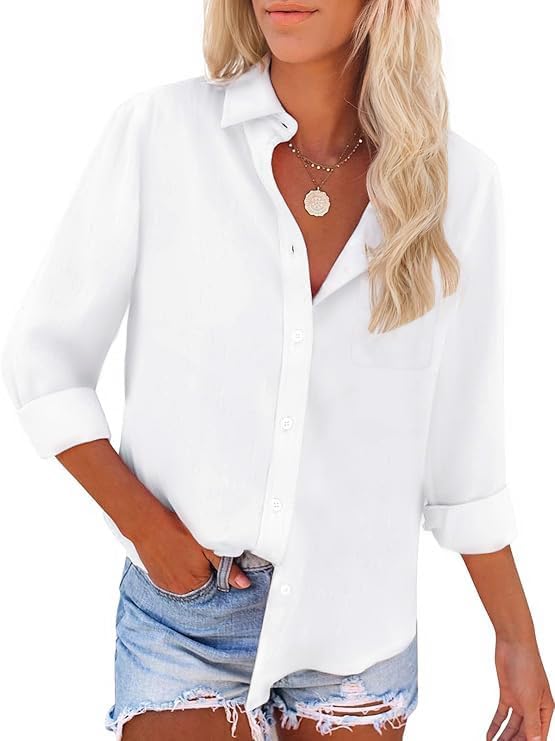 Womens Button Down Shirts Long Sleeve Wrinkle Free Work Office Button Up Dress Shirt with Pocket