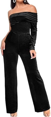 YMDUCH Women's Sexy Long Sleeve One Shoulder Long Pant Romper Wide Leg Jumpsuits