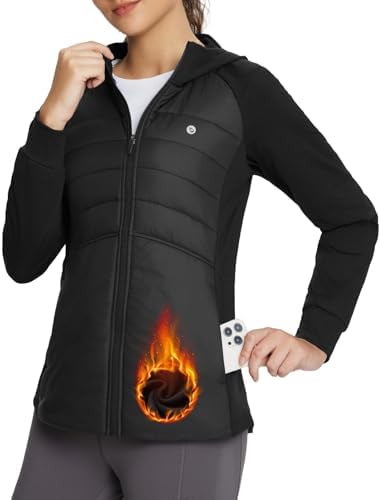 BALEAF Women's Running Winter Jacket with Hood Warm Lightweight Insulated Hybrid Jackets Puffer Zip Pockets Hiking Skiing