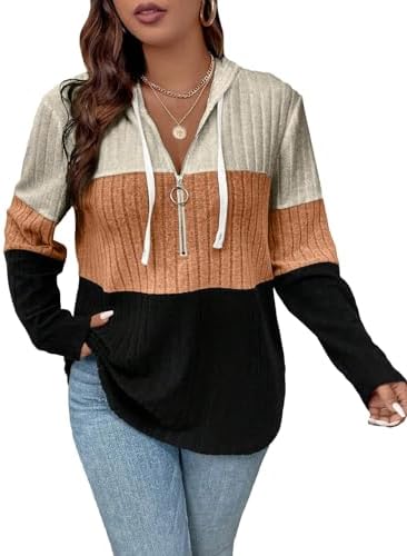 COZYEASE Women's Plus Size Colorblock Half Zip Hoodies Ribbed Knit V Neck Long Sleeve Pullover Sweater