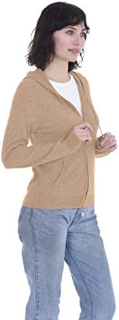 Cashmeren Women’s Full Zip Drawstring Hoodie with Pockets 100% Pure Cashmere Long Sleeve Zipped Down Sweater