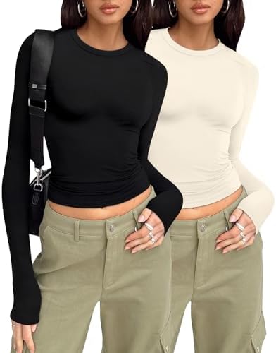 Womens 2 Piece Long Sleeve Tops Crew Neck Thermal Shirts Slim Fit T Shirt Underscrubs Layer Tee Shirts Tops