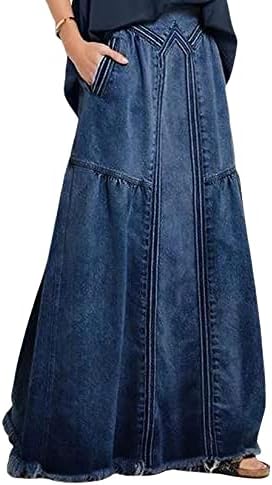 CHARTOU Women's Retro Elastic High Waist Frayed A-Line Maxi Denim Skirt with Pockets