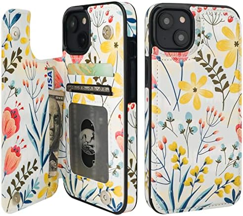 HAOPINSH for iPhone 13 Case Wallet with Card Holder, Floral Flower Pattern Back Flip Folio PU Leather Kickstand Card Slots Case for Women Girls, Double Magnetic Clasp Shockproof Cover 6.1"
