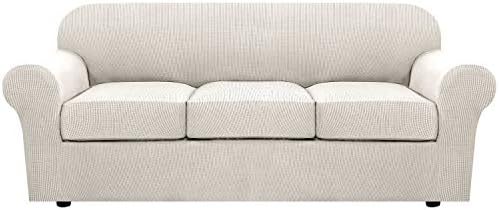 H.VERSAILTEX 4 Piece Stretch Couch Covers for 3 Cushion Couch Sofa Furniture Slipcovers Feature Upgraded Thicker Jacquard Fabric (Sofa, Ivory)