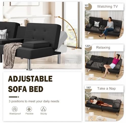 Modern Linen Upholstered Convertible Folding Futon Sofa Bed with Removable Armrests, Metal Legs, 2 Cup Holders for Living Room, Dark Black