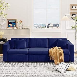 Cloud Modular Sofa Couch with Seats Storage, Comfy Velvet Fabric Couch for Living Room, Office, Deep Seat, Wide Armrest, Side Pockets,Upholstered Couch W/Washable Cover (Dark Blue, 3-seat)