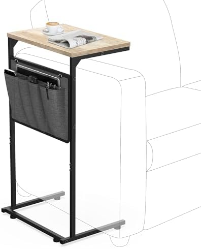 Vantic C Shaped End Table, Small Couch Side Table with Storage Bag, Sturdy Slide Under Sofa Table with Metal Frame for Living Room & Bedroom (16" L x 11.6" W x 28" H), Greige