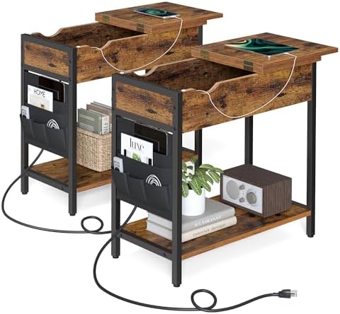 VASAGLE Side Tables with Storage, End Tables with USB Ports and Outlets, Nightstands with Charging Stations, Fabric Bags, for Living Room, Brown and Black ULET315B01V1, 23.6 x 12.4 x 23.6, Set of 2