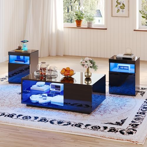 AMERLIFE 3-Piece Modern High Gloss LED Table Set, Coffee Table with 20-Color LED Lights, 2 End Tables with Wireless Charging Station for Living Room & Bedroom, Black
