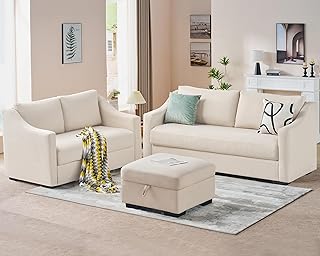 AMERLIFE Modern Sofa, 3 Piece Sofa Set with Slope Armrests and Ottoman, Comfy Couch for Living Room,Lounge Room(Beige)