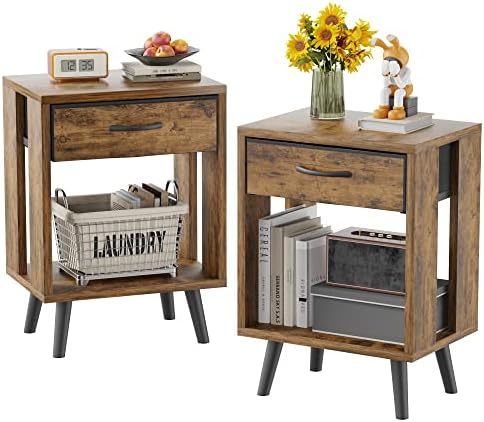 Nightstand Set of 2 with Fabric Drawers and Open Shelves - Rustic Bedroom Side Tables