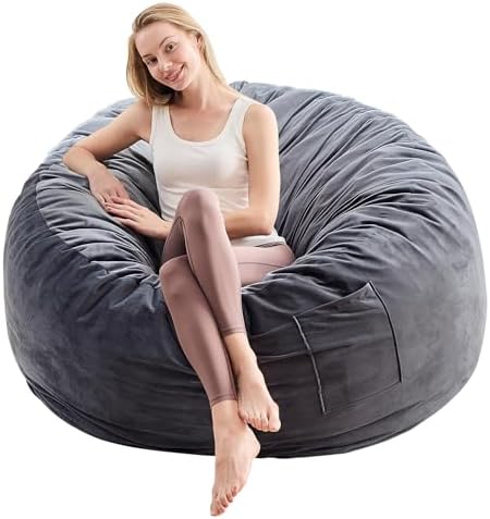 Bean Bag Chair for Adults - BeanBag Chairs with Soft Cover - Furniture Round Fluffy Couch Sofa for Living Room Lounge Bedroom College Dorm - Gifts for Gaming Reading Relaxing, 4 Feet, Charcoal