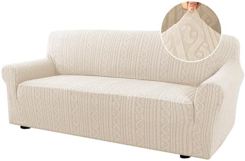 H.VERSAILTEX Sofa Cover 1 Piece Stretch Sofa Slipcovers Non Slip Sofa Cover with Elastic Bottom Washable for Kids, Pets Upgrade Thick Jacquard Fabric with Spiral Pattern(75"-85", Ivory)
