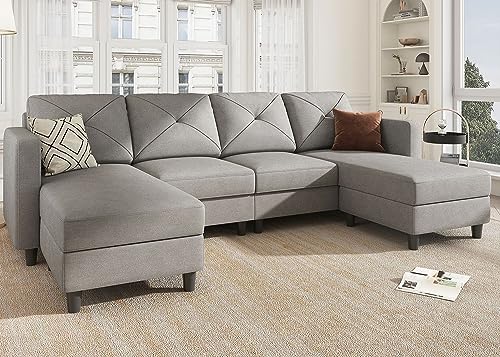HONBAY U Shaped Sectional Couch Convertible Sectional Couch with Double Chaise 4 Seat Sectional Sofa for Living Room, Light Grey