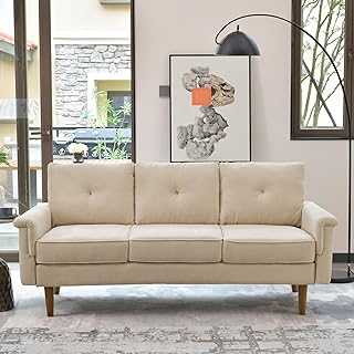 ovios Luxury 3 Seater Sofa with Faux Leather,Mid-Century Modern Couch with Comfortable Armrest,Comfy Couches with Deep Seat,Small Sofas for Living Room Bedroom (Beige)