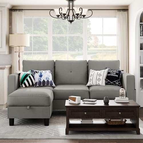 Shintenchi Convertible Sectional Sofa Couch, Modern Linen Fabric L-Shaped, 3-Seat Sofa Sectional with Storage Function Ottoman/Armrest Reversible Chaise for Living Room and Small Space (Light Gray)
