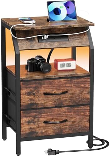 End Table with LED Lights, Nightstand with 2 Drawers and Type C Charging Station, Small Fabric Dresser for Bedside, Storage Side Table for Living Room Dorm, Rustic Brown