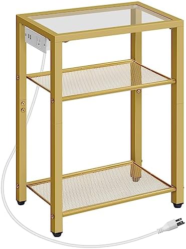 HOOBRO End Table with Charging Station, 3-Tier Side Table, Nightstand with USB Ports & Outlet, Sofa Table with Storage Shelves, Tempered Glass, Modern Style, for Living Room, Bedroom, Gold GD57UBZ01