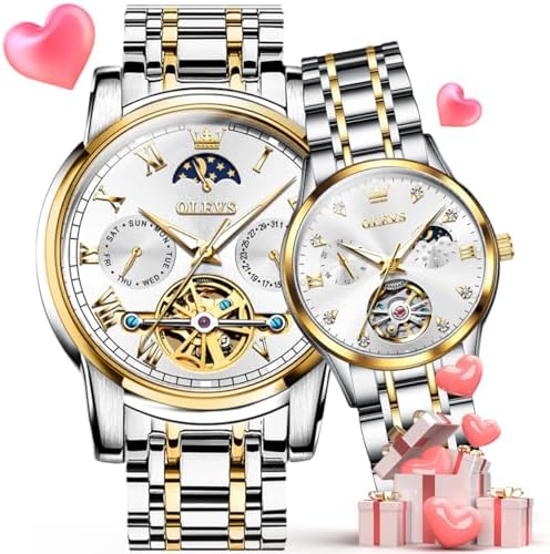 OLEVS Couple Pair Watches Set Automatic Mechanical Self Winding Dress Matching Watch for His and Hers Valentines Day Gifts