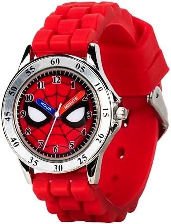 Accutime Spiderman Time Teacher Watch for Kids - Red Silicone Strap, Easy-to-Read Dial, Water Resistant, with Special Tin
