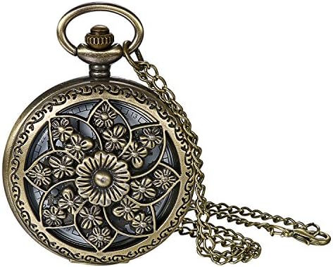 JewelryWe Retro Bronze Flower Openwork Cover Quartz Pocket Watch with 32.3 Inch Chain for Valentine’s Day