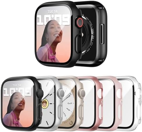 6 Pack Case with Tempered Glass Screen Protector for Apple Watch Series 9/8/7 41mm, Ultra-Thin Scratch Resistant Full Protective Hard PC Bumper Cover for iWatch 41mm Accessories